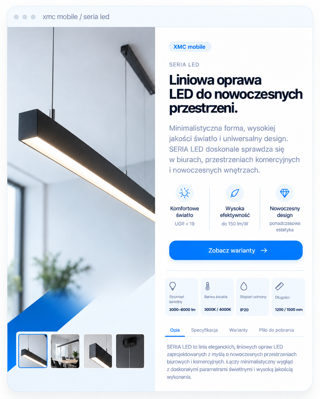 Przykładowa karta produktowa rich content dla fikcyjnej serii opraw LED